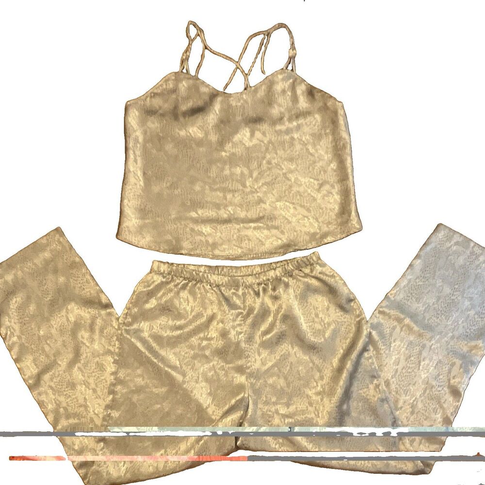 Vtg California Dynasty Pajama Set Silver Animal Print Bow V-Neck Sz L Bridal
